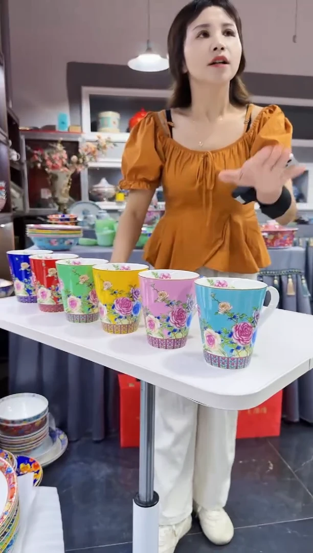 珐琅 牡丹花卉杯子6只装景德镇陶瓷