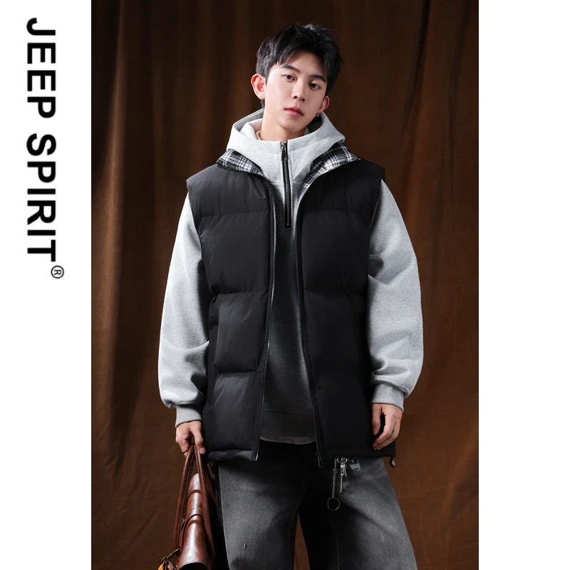 JEEPSPIRIT吉普马甲男秋冬潮牌格纹拼接保暖加厚无袖棉服坎肩外套