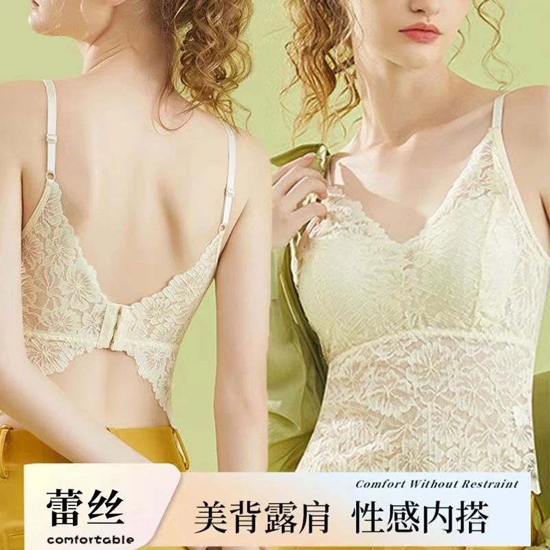 镂空蕾丝无痕防走光背心女夏季薄款自带胸垫修身大码蝴蝶美背吊带