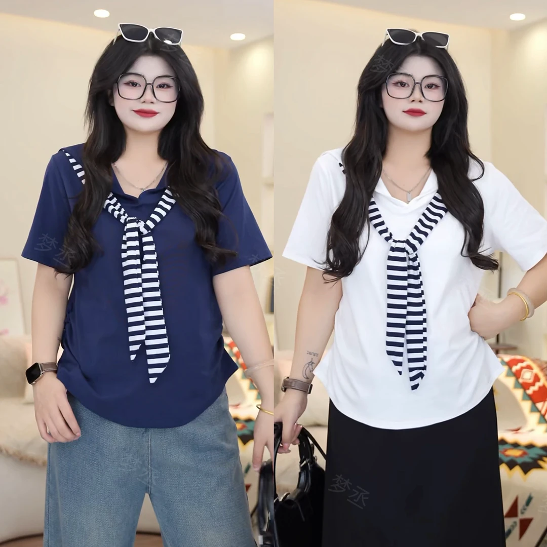 梦丞【青春公理】大码女装海军领条纹披肩拼接洋气百搭夏季短袖T恤