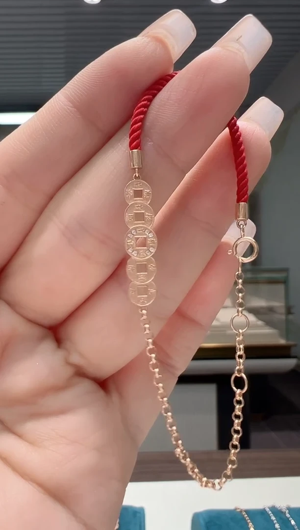 【闪购商品】钻石手链18K金镶嵌镶钻铜钱红绳手链K红