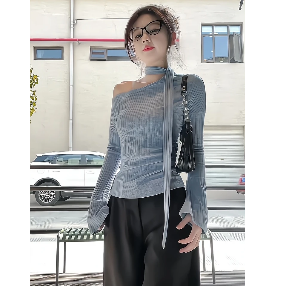 2025年新款女士早春季时尚气质修身显瘦长袖针织上衣高腰打底衫潮
