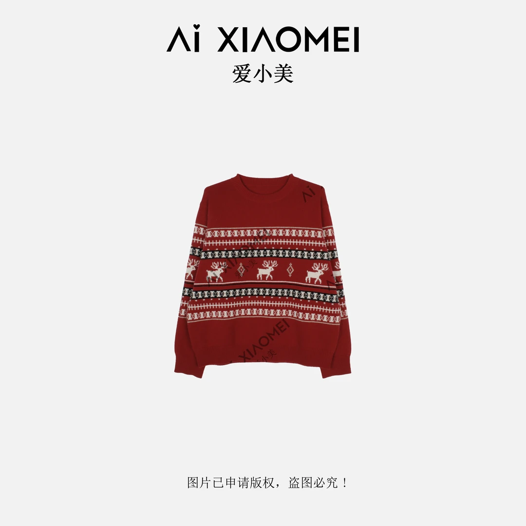 重磅麋鹿提花圆领套头T级100山羊绒加厚保暖针织毛衣YR08-1842