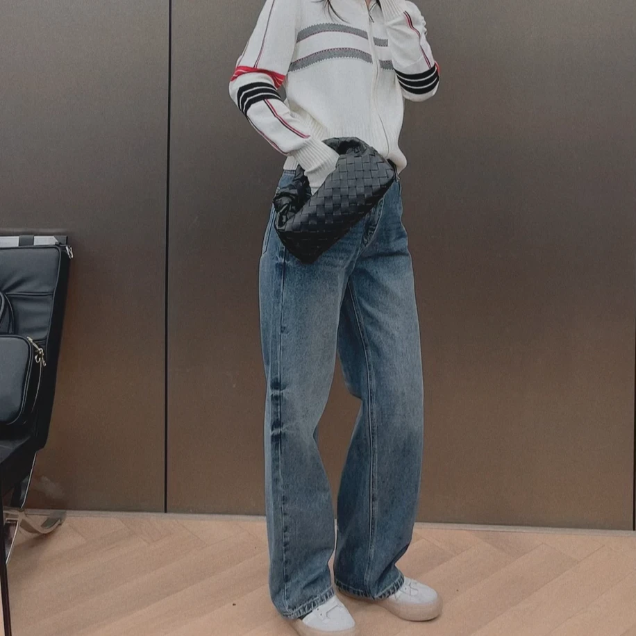 【susu】秋冬季显瘦高腰时尚宽松女士蓝色牛仔裤