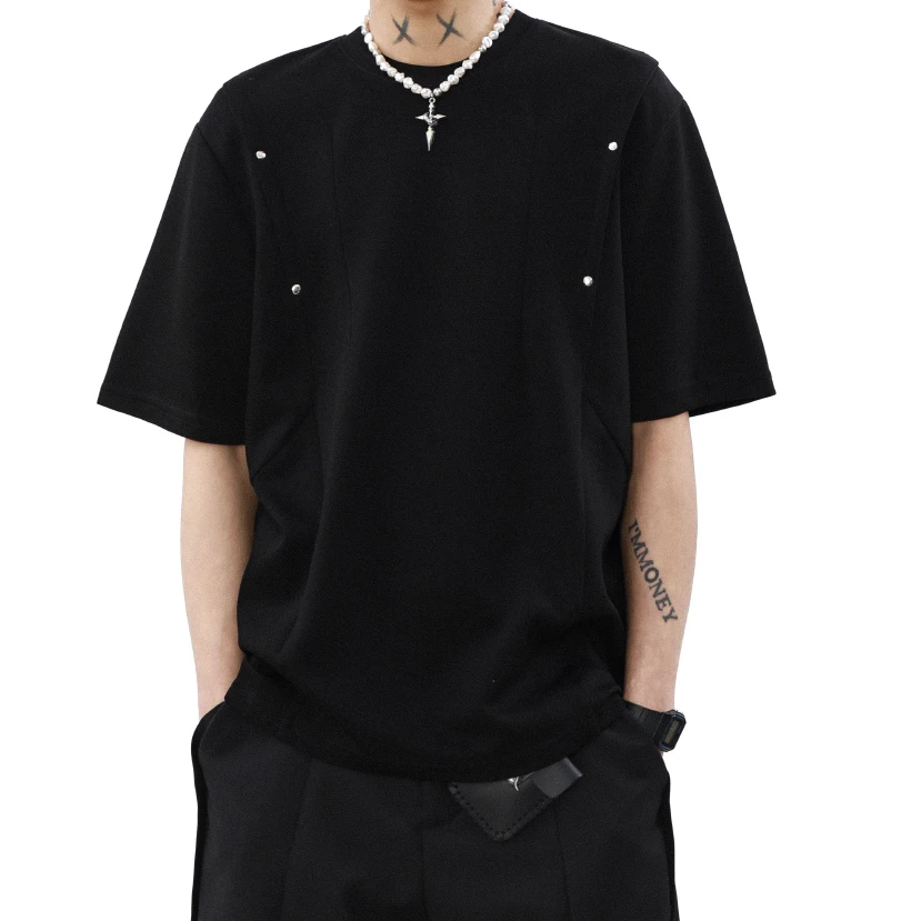 美式复古铆钉解构设计感短袖T恤男士休闲2025夏季新款宽松半袖ins