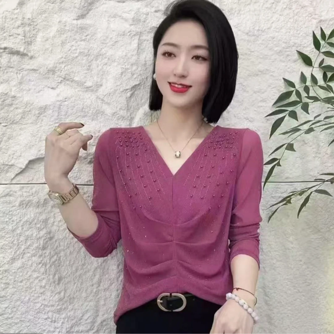 2025春季新款时尚钉珠皱褶设计小衫遮肉显瘦气质妈妈装A555