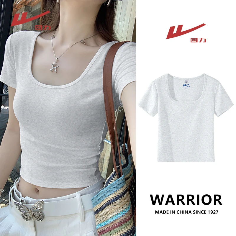 Warrior/回力纯色方领短袖t恤2025夏季新款修身显瘦正肩百搭上衣