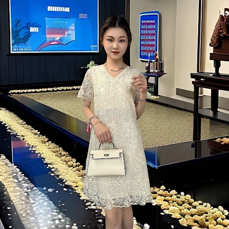 2025夏精致时尚大气刺绣连衣裙夏季中长款显瘦宽松气质泡泡袖蕾丝