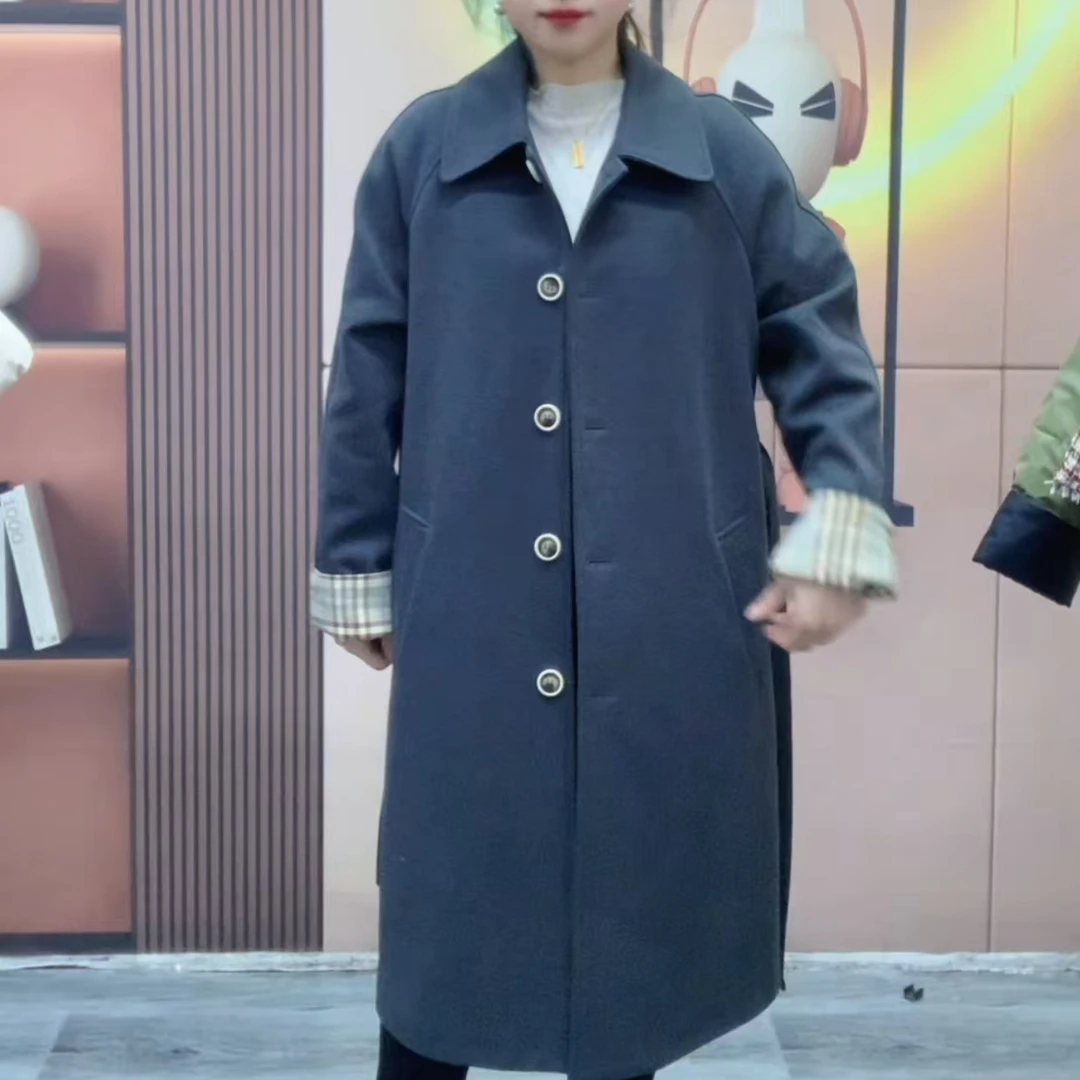 2671#（衣长98）夹棉长款呢子大衣休闲韩版双排扣女士中长款外套