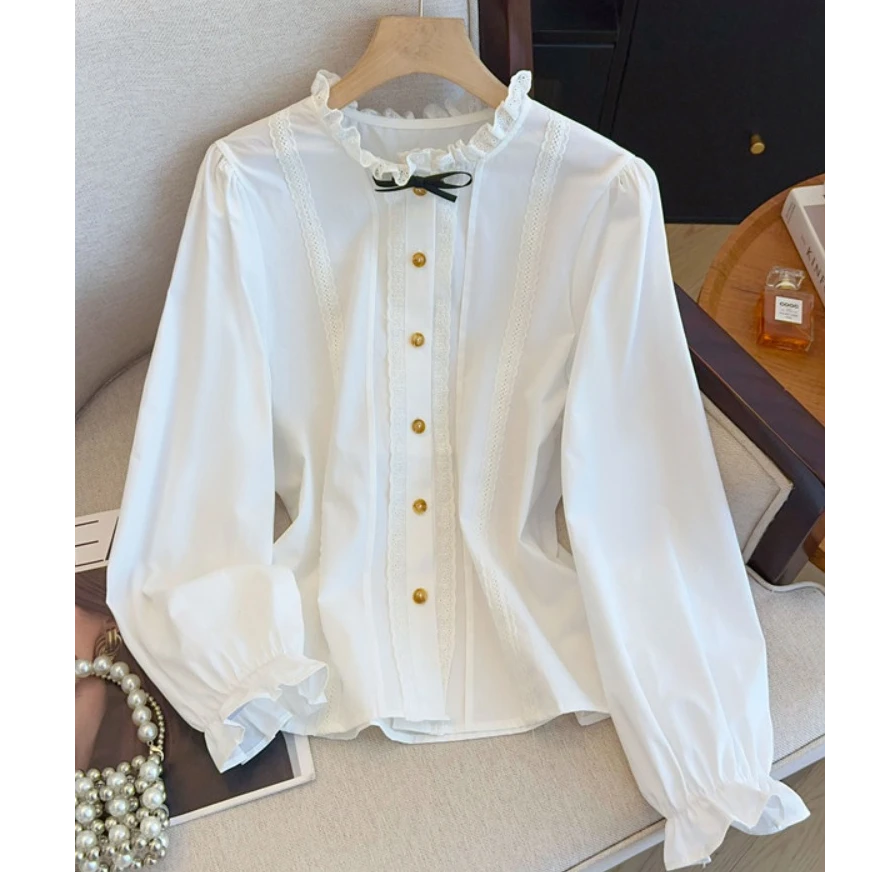 法式蕾丝花边领蝴蝶结衬衫女2025春款高级感泡泡长袖开衫绝美上衣