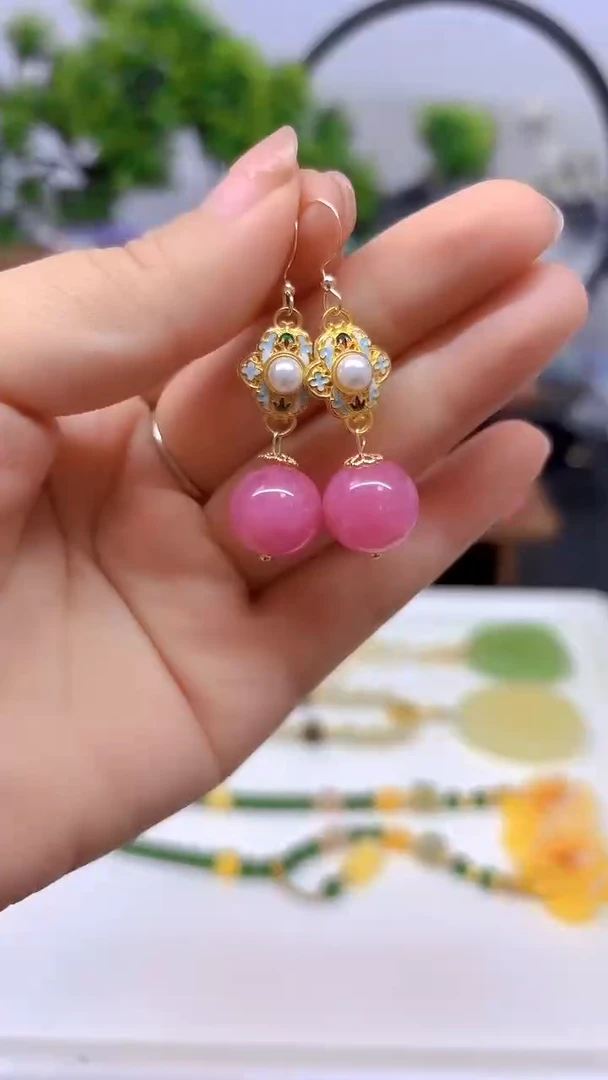 菱锰矿（红纹石）14K金镶嵌耳坠E798