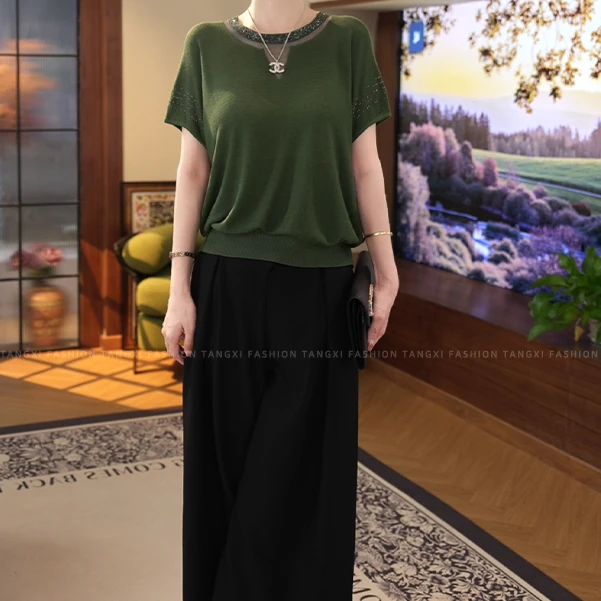 2025新款【7559】莱赛尔夏季必备烫钻设计感绿色短袖上衣女显瘦高级