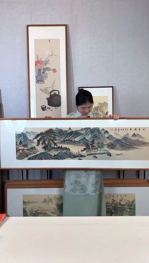 国画手绘*溪亭观钓52*172cm带框发货