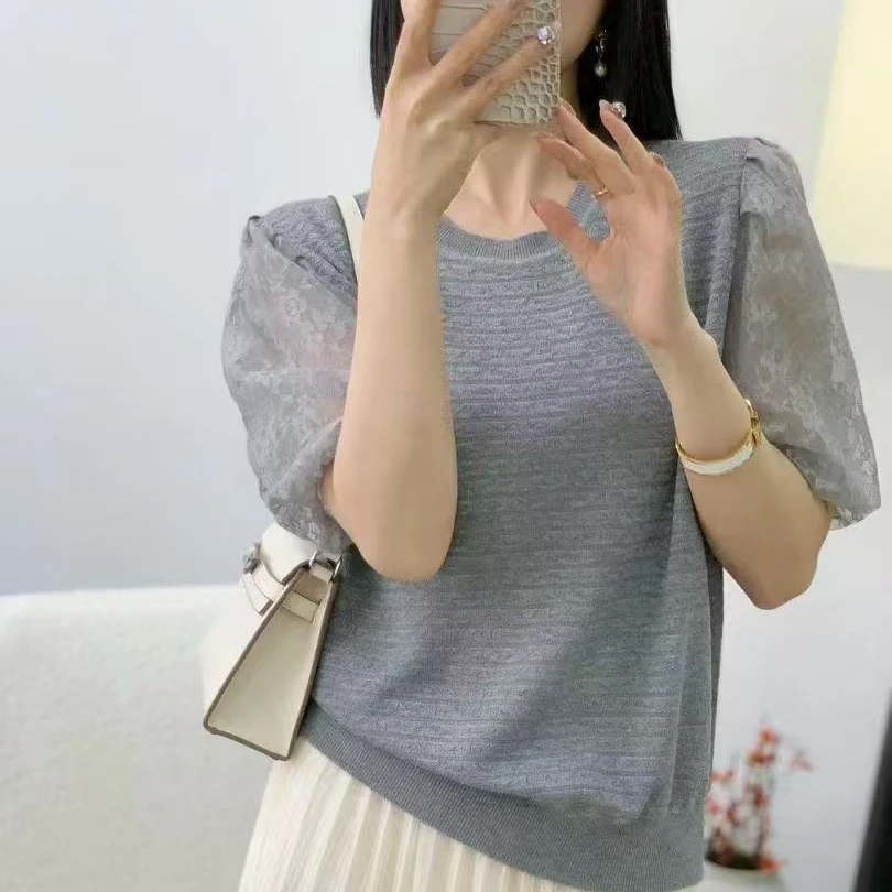 欧洲站2025夏季现款时尚圆领拼接百搭显瘦针织衫短袖女洋气上衣潮