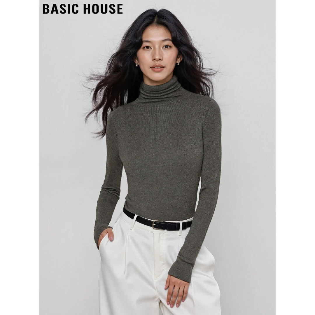 Basic House/百家好复古棕色高领羊毛针织衫女2025冬季修身打底衫