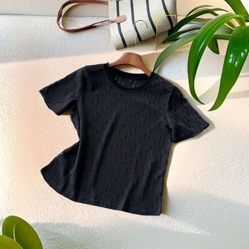 玳妮【朦胧迷雾T】夏季圆领设计感镂空短袖上衣软糯神秘弹力百搭T恤