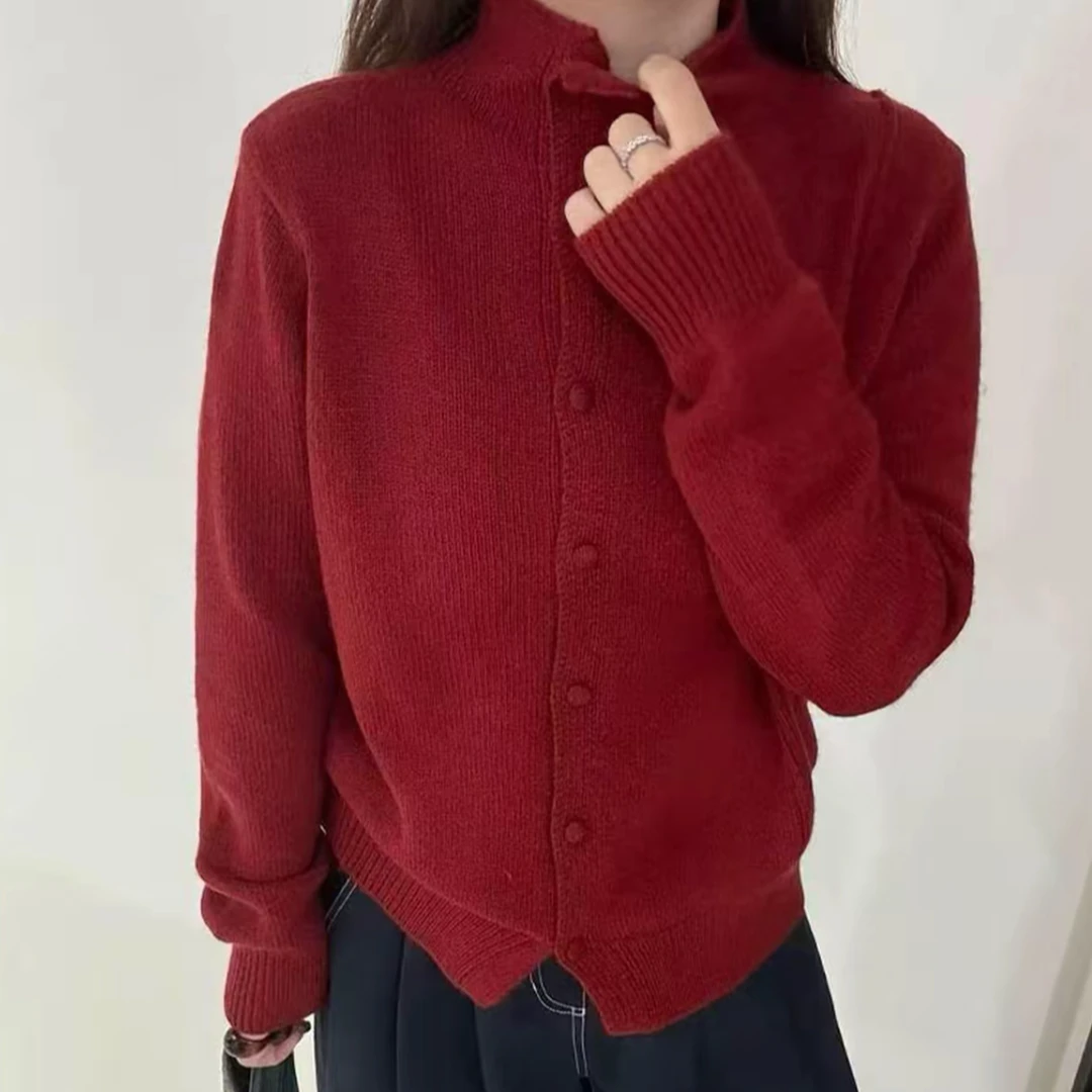 186【多巴胺】设计感斜排扣立领针织开衫秋冬韩系简约开衫外套