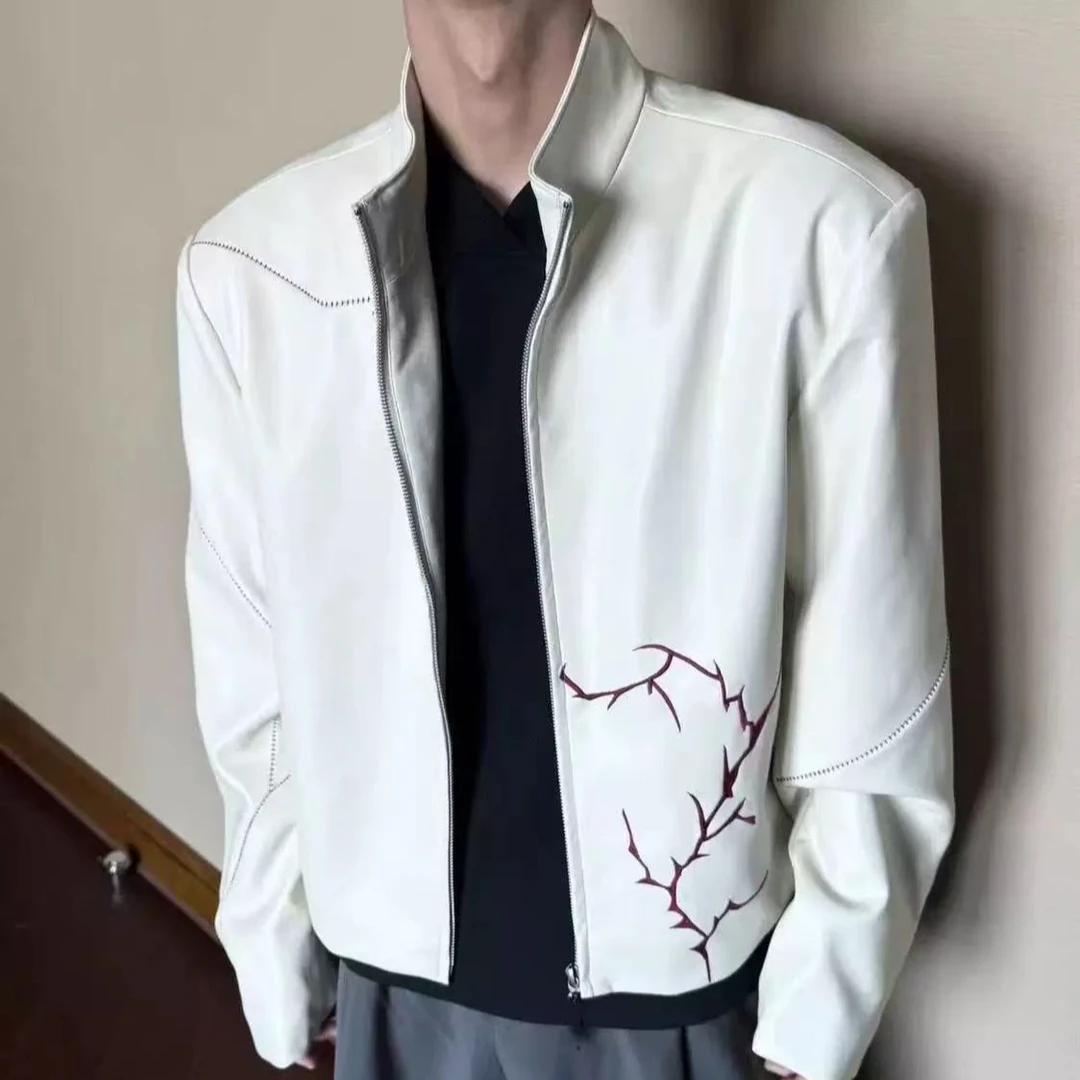 折棘春秋男暗红荆棘横珠拼接立体夹克刺绣设计感小众外套