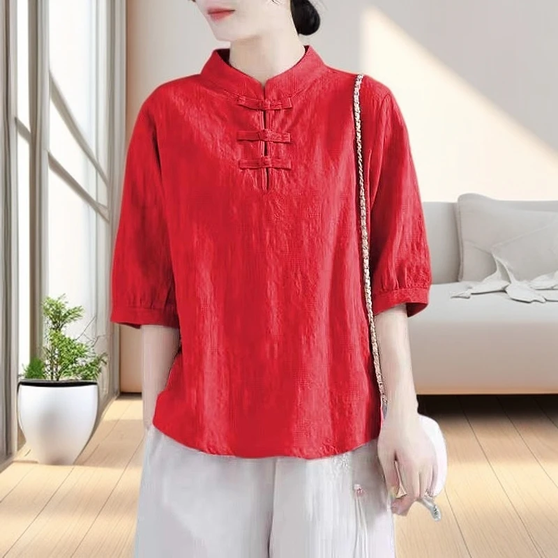 清仓捡漏洋气时尚妈妈女装复古盘扣棉麻短袖衬衫中式立领上衣t恤