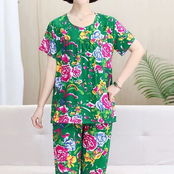 （棉绸睡衣链接）（不可机洗）短袖七分裤夏季休闲妈妈装大码宽松印花