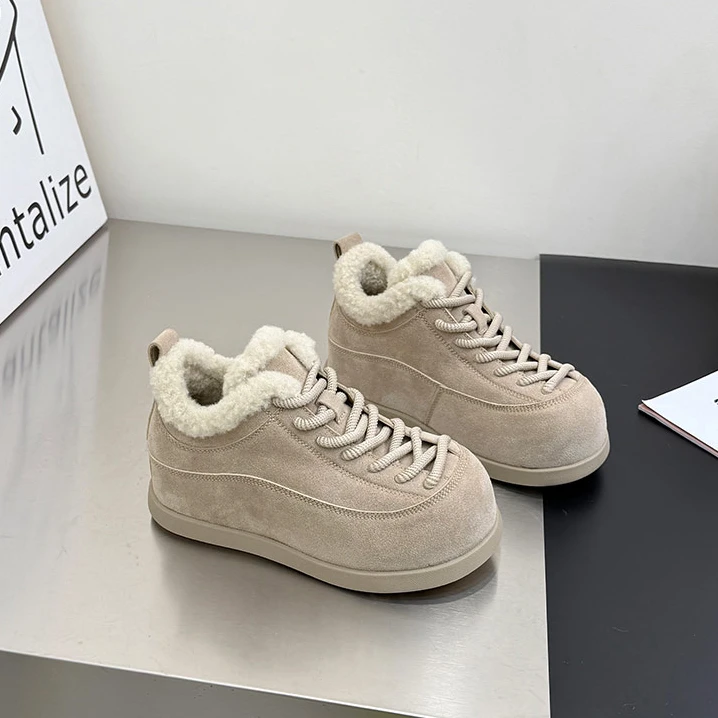 小个子6cm增高加绒勃肯鞋女2025冬新款系带保暖低帮毛毛雪地靴