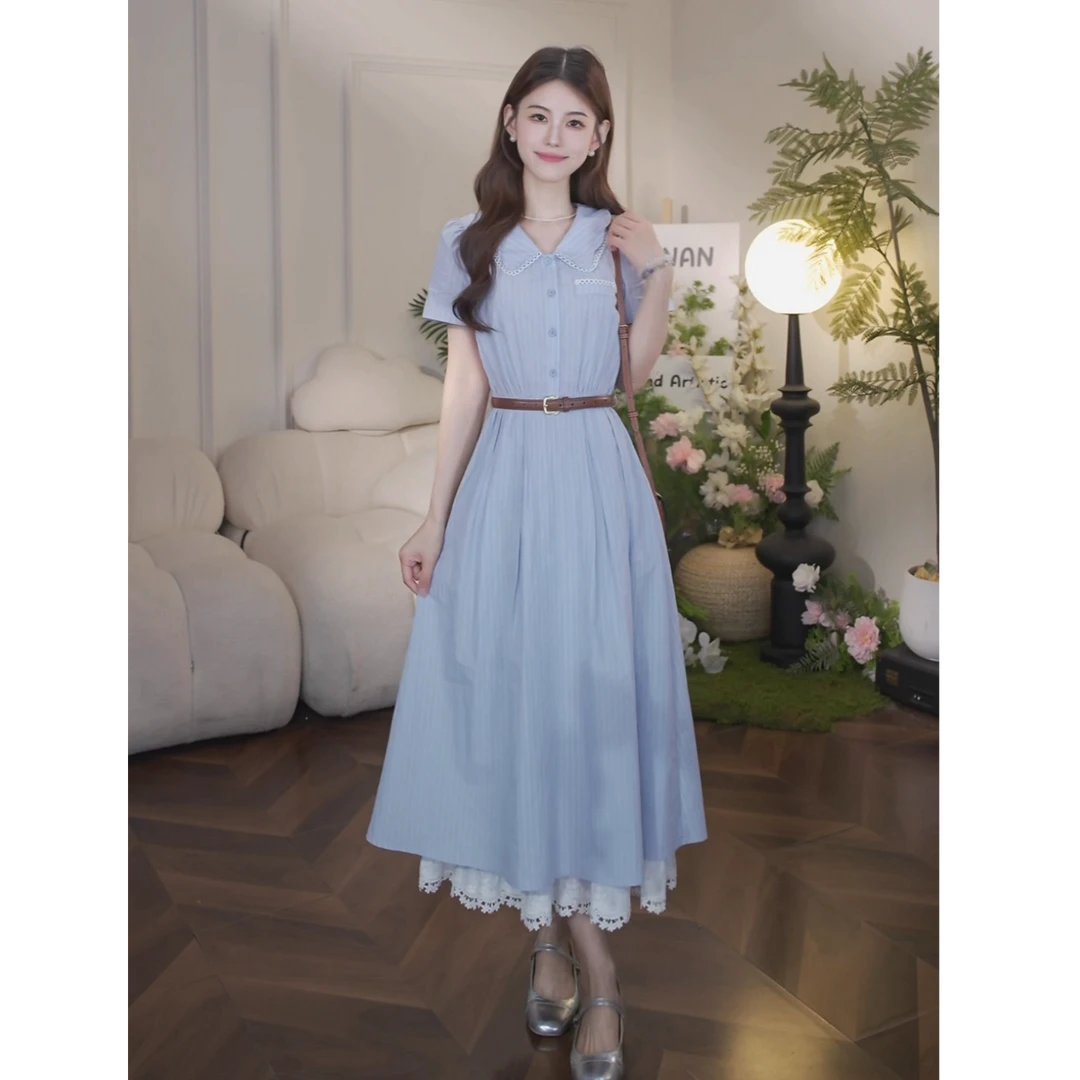 鹿向南【条纹诗语】夏新款蓝色法式收腰连衣裙女Polo领条纹衬衫裙子