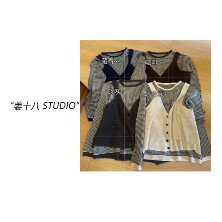 姜十八「必入！假两件」韩国单！甜美气质百搭条纹假两件针织衫