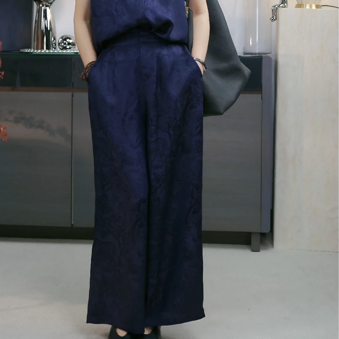 (100%桑蚕丝裤子）老钱风质感 丛林系列提花真丝阔腿裤