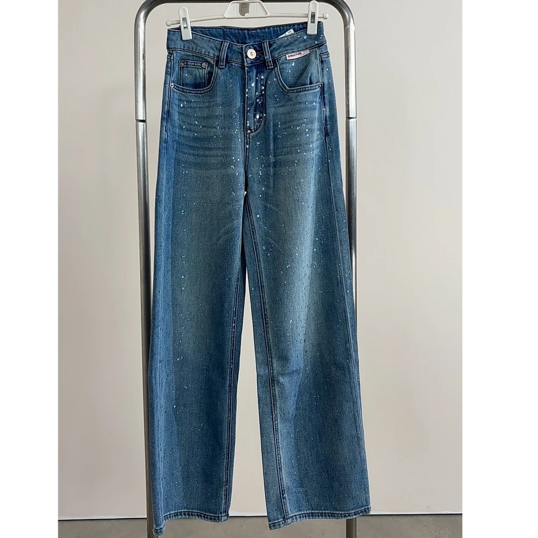 CLEAR BREEZE25秋冬时尚百搭休闲裤设计师蓝色银屑亮闪直筒裤