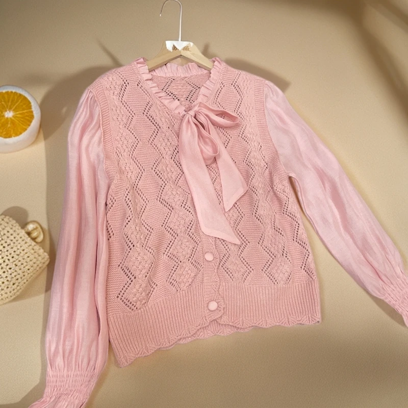 秋冬淑女蕾丝款系带欧根纱拼接针织衫 L105