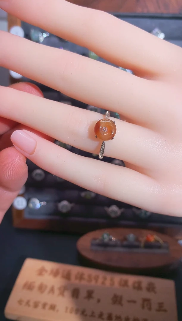 银S925镶嵌戒指翡翠S925银镶翡翠平安扣女饰品