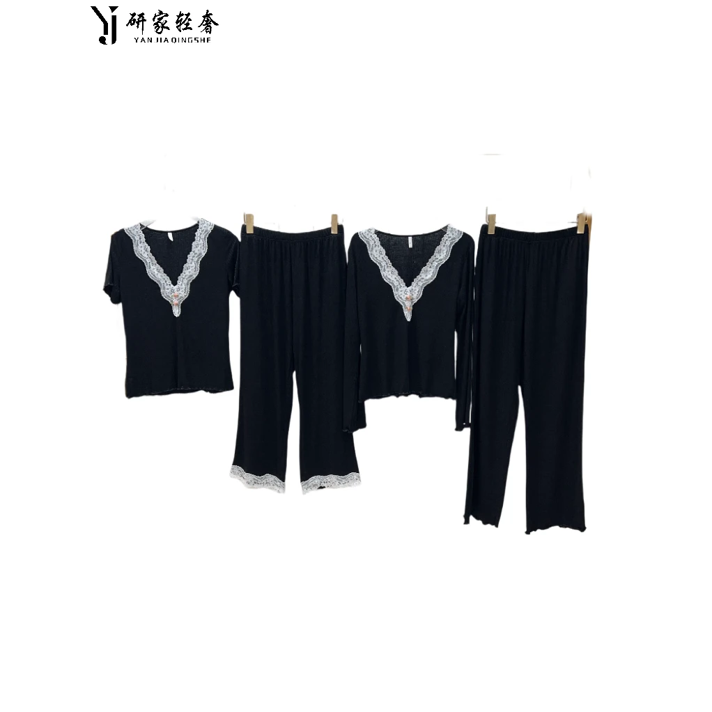 5730研家轻奢高级感舒适V领撞色拼接蕾丝两件套居家服套装