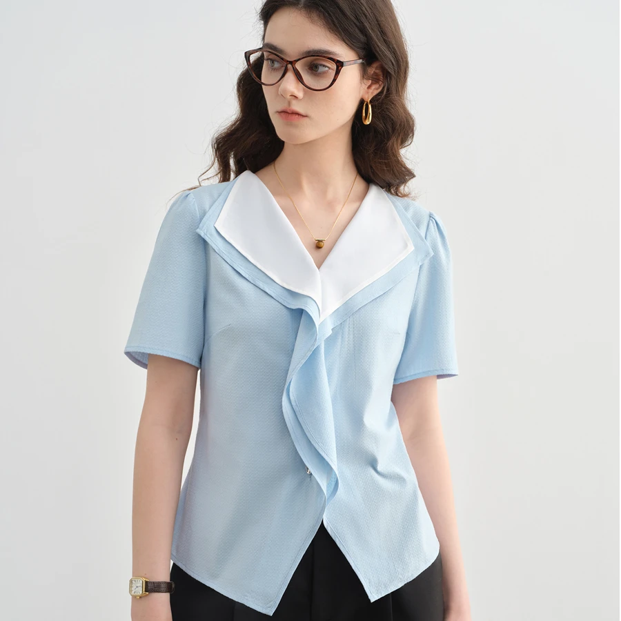 独束大码女装设计感v领短袖衬衫双层领微胖mm气质上衣25DS82328