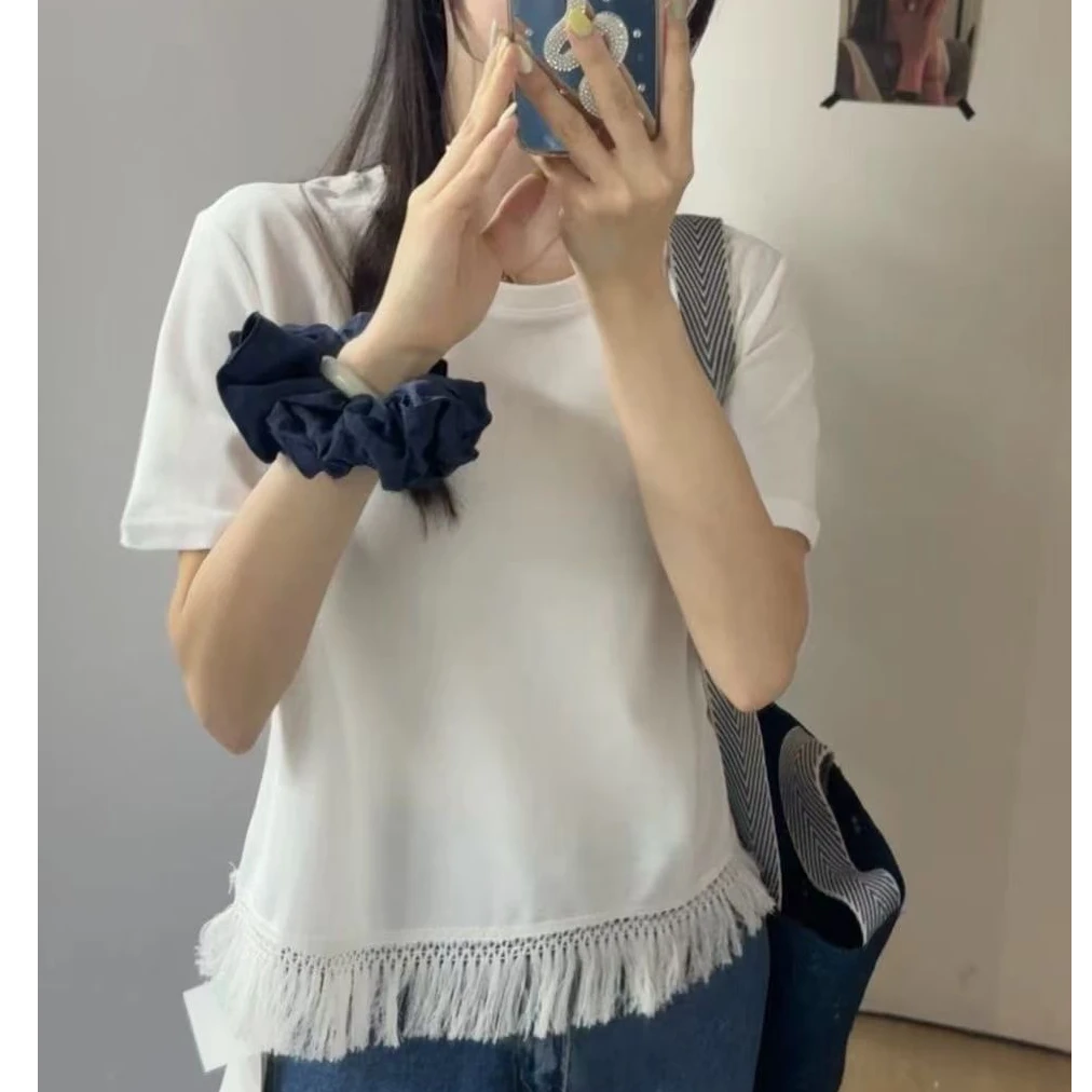 拼接蕾丝花边短袖正肩T恤