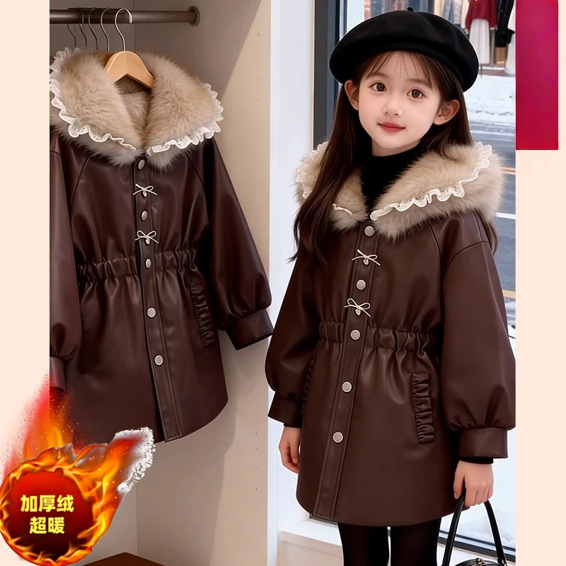 女童加绒蛋白软皮衣派克服外套2025新款冬装中长款加厚免洗小香风