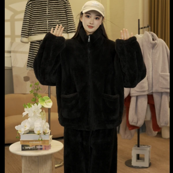 【钻石黑】一整套长袖女秋冬睡衣女士常规套装毛绒冬季家居服