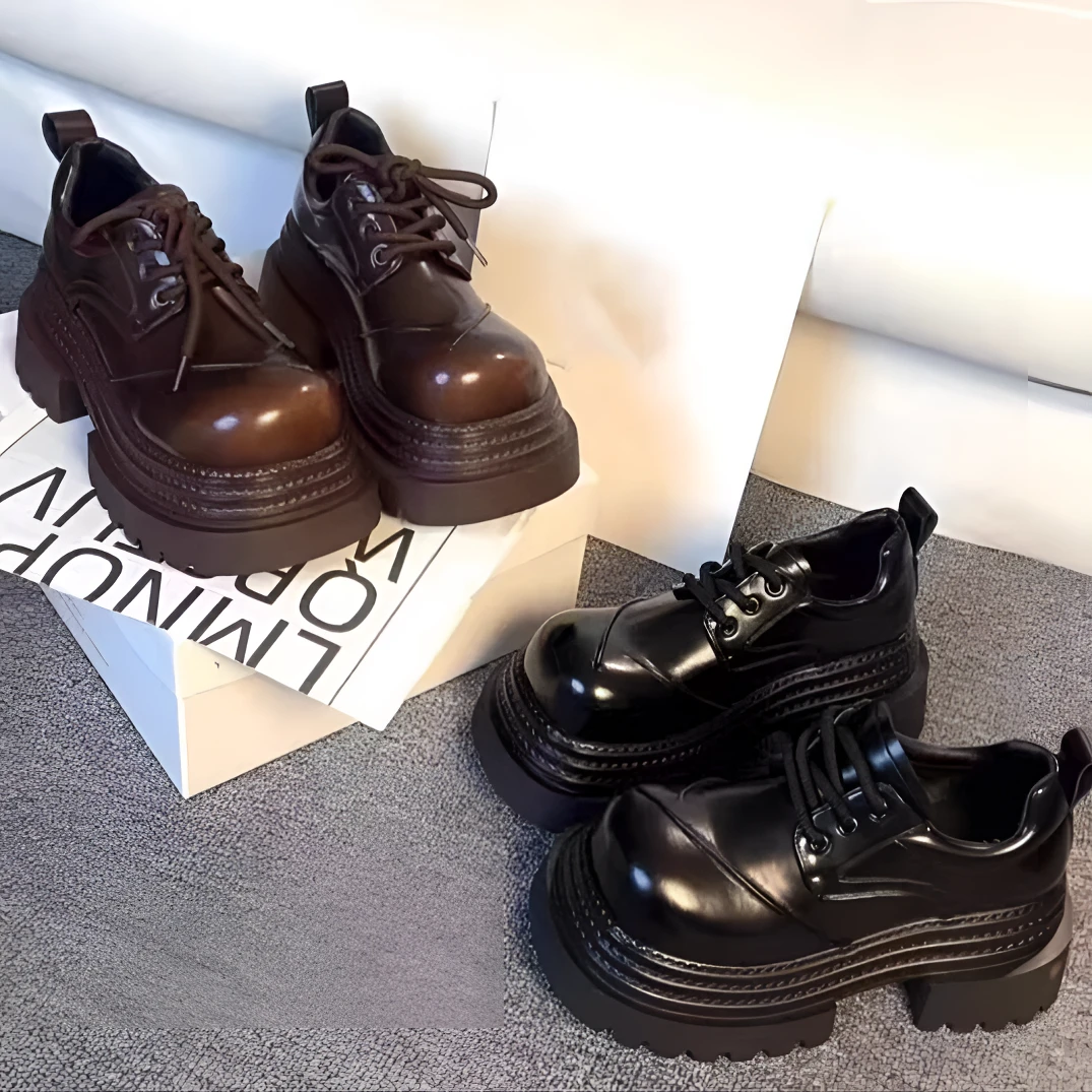 【编号030-050】2025新款小皮鞋女英伦风圆头系带休闲增高乐福鞋女