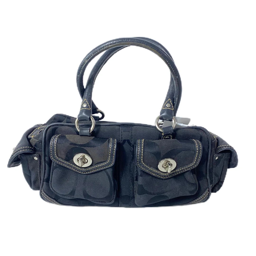 95新 COACH/蔻驰 黑色老花帆布拼皮单肩手提包 MM-80305