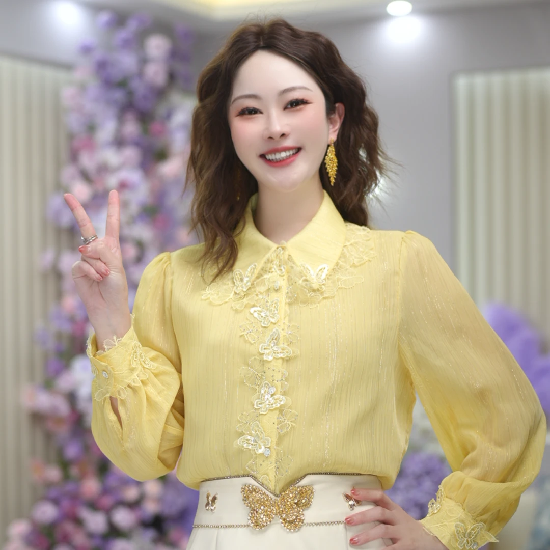 米娅 春季新款流行时尚纯色衬衫黄色洋气翻领开衫女士衬衣 DY5676