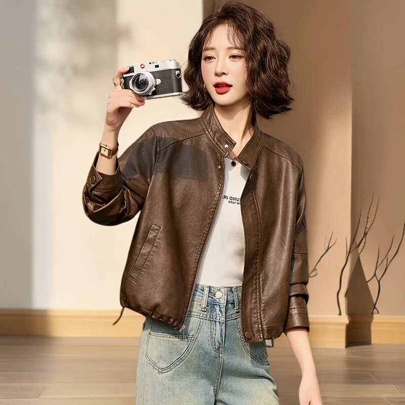 立领短款皮衣女款爆款2025秋新款海宁真皮洋气夹克小香风皮衣外套