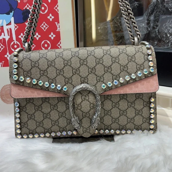 99新 GUCCI/古驰 新款酒神中号粉色/钻款/单肩包（F店）
