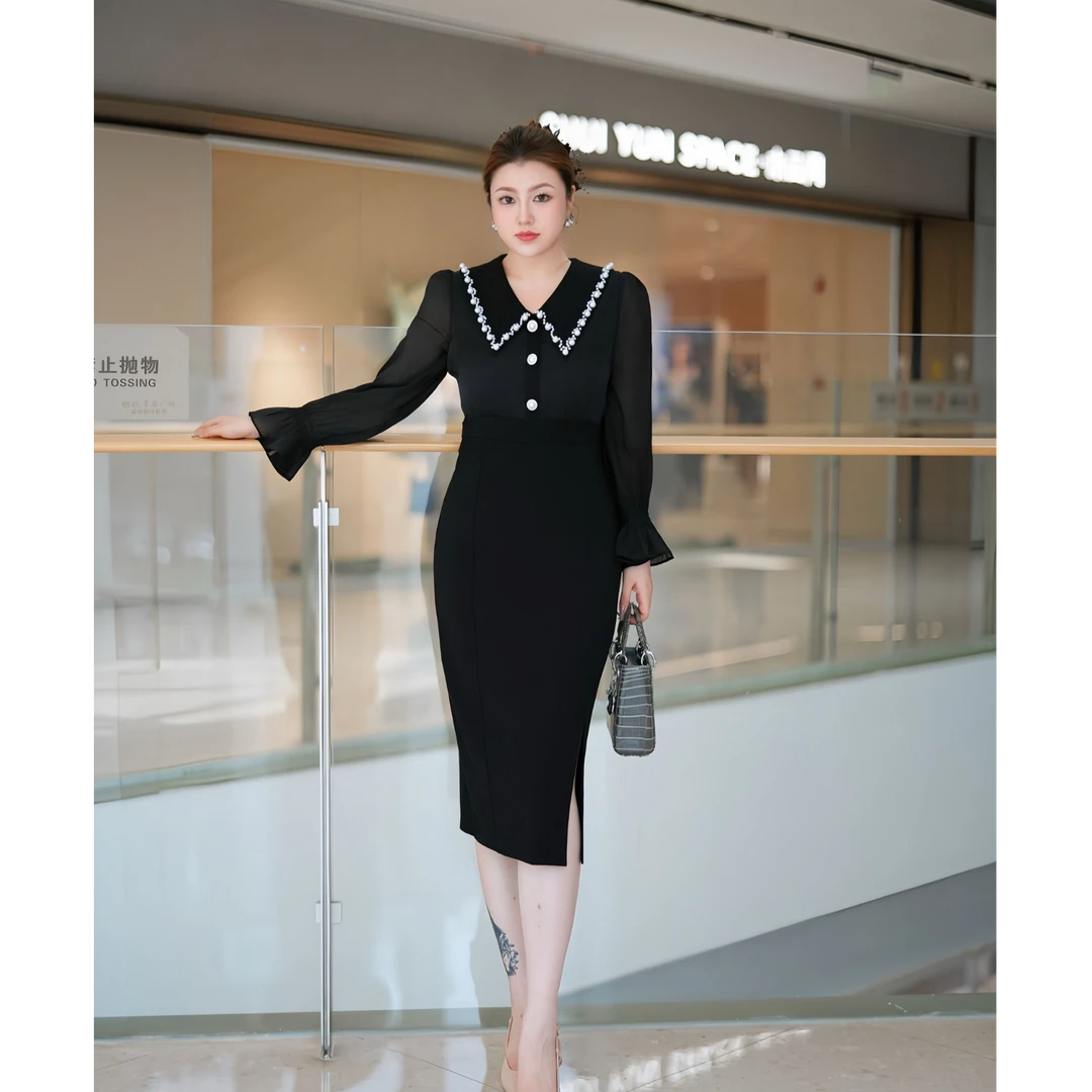 XYD71479赫本气质小黑裙高级气质时尚千金风设计感大码女装连衣裙