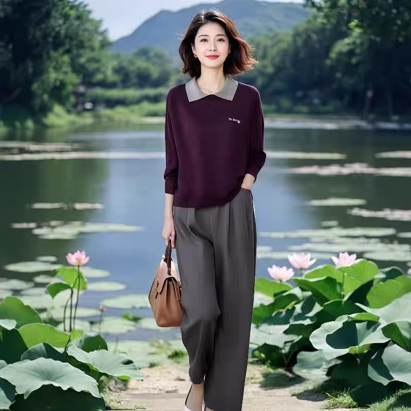 2025春秋新款设计感假两件翻领针织衫上衣女高腰显瘦直筒裤两件套