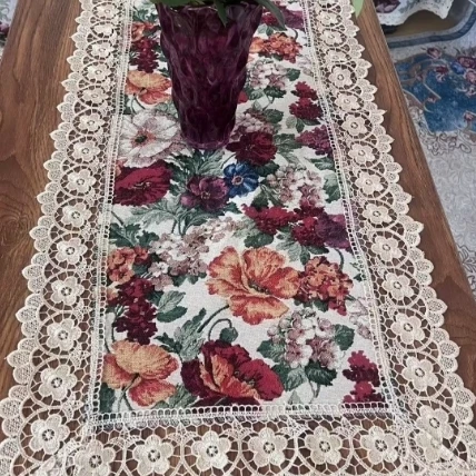 ZN102-244棉麻交织布【90*75】米白色百花齐放水溶边桌布茶几布