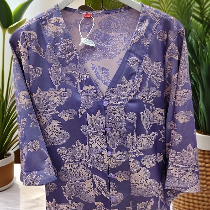 夏季新中式时尚重磅提花国风外披七分袖复古气质紫色女士中式上衣