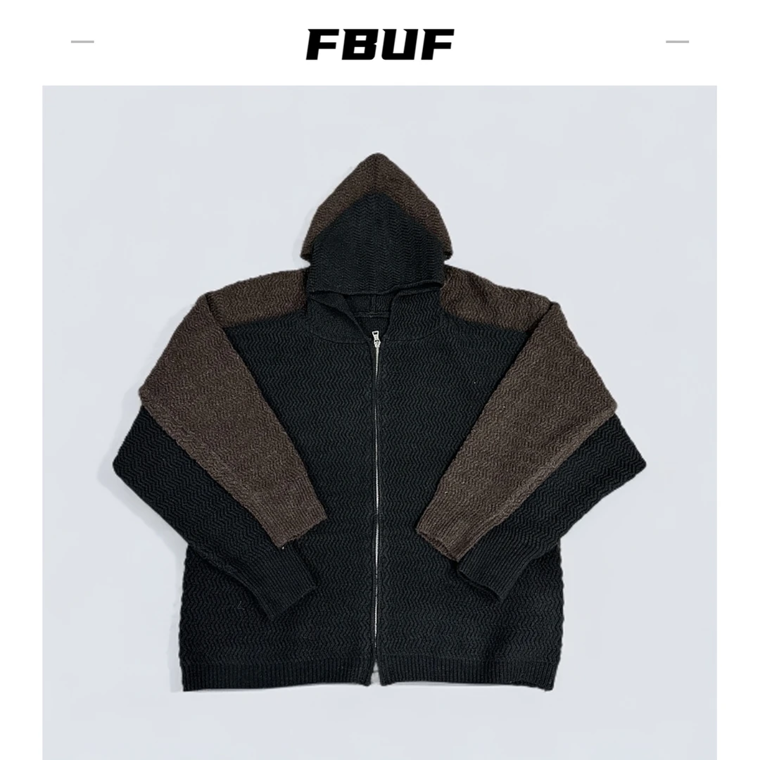 FBUF短款双拉链针织开杉450G混纺移针拉链连帽针织衫毛衣外套MY10