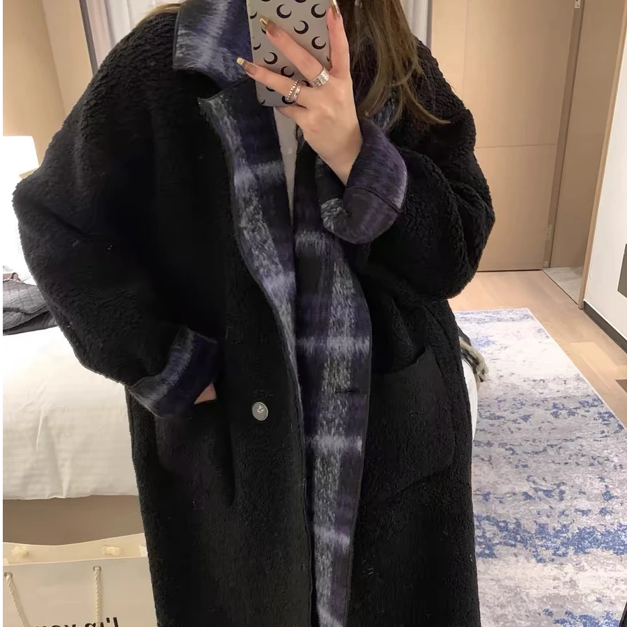 2024冬季宽松格纹加厚呢子外套女正反两面穿小个子大衣长款6017