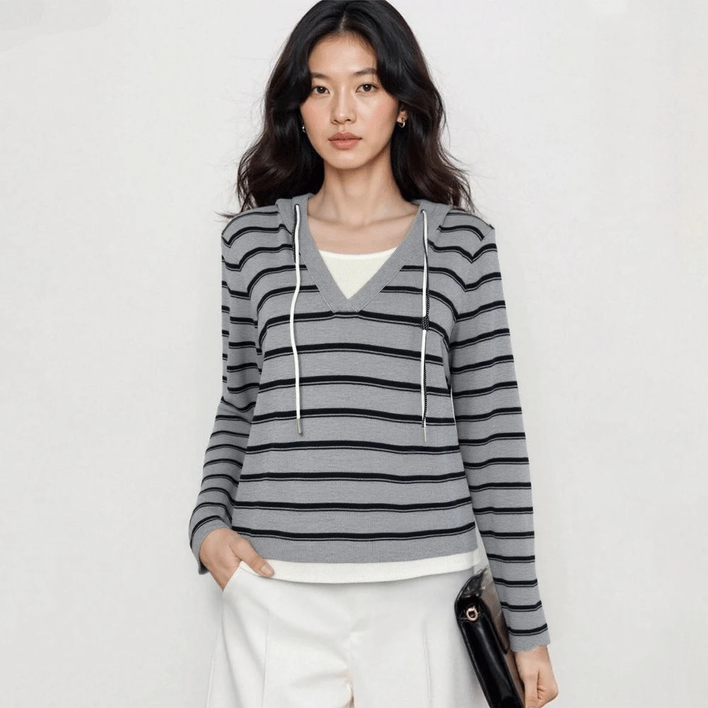 MaxMLmL【条纹韵律】时尚休闲连帽百搭假两件针织上衣M353218