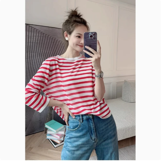 美洋MEIYANG海岸线针织衫休闲圆领夏季ins条纹防丁达尔穿搭
