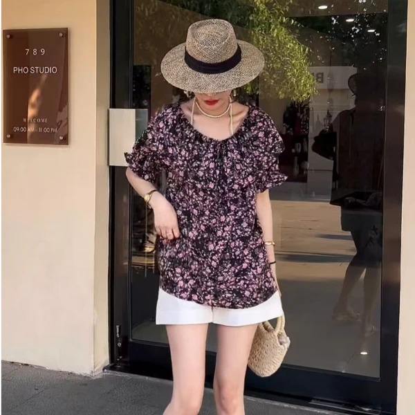 韩版甜美减龄碎花短袖女时尚夏季宽松小衫泡泡袖圆领印花显瘦洋气